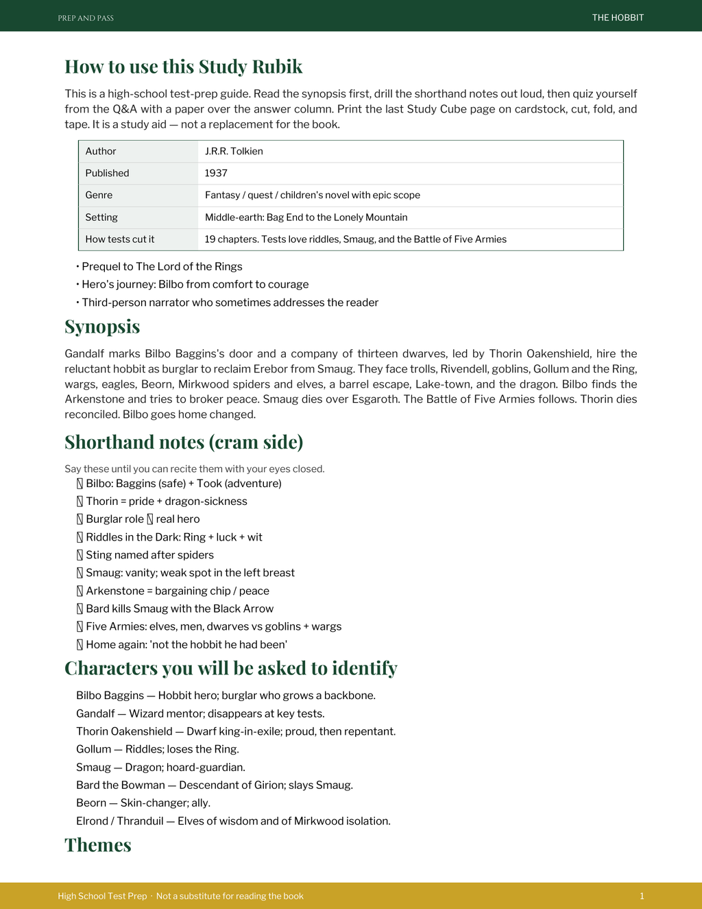 The Hobbit Study Guide | J.R.R. Tolkien Test Prep PDF, Synopsis Characters Themes Q&A | Instant Download