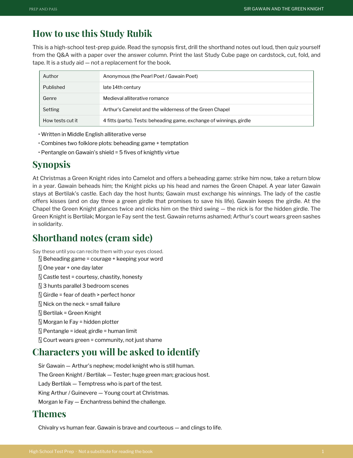 Sir Gawain and the Green Knight Study Guide | Pearl Poet Test Prep PDF, Synopsis Characters Themes Q&A | Instant Download