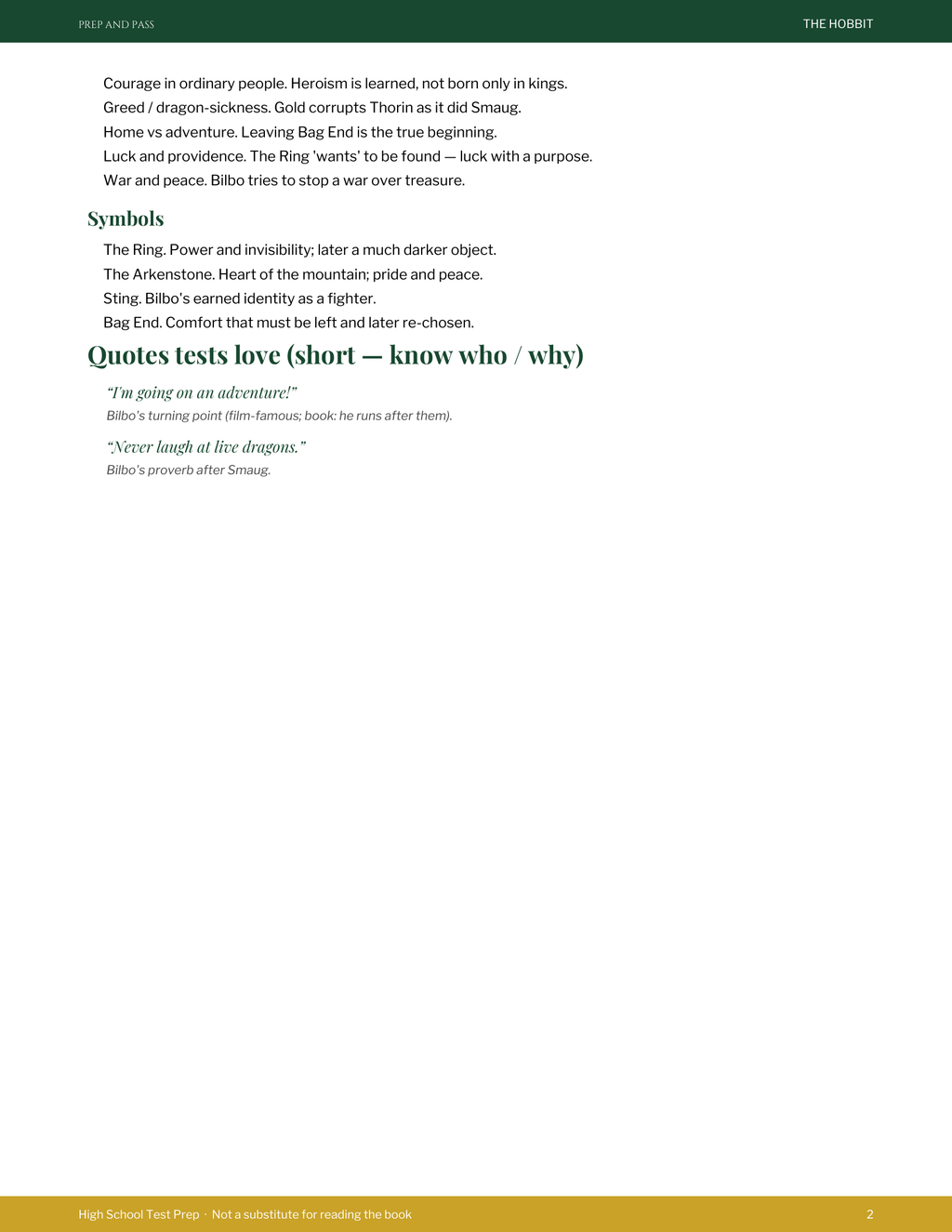 The Hobbit Study Guide | J.R.R. Tolkien Test Prep PDF, Synopsis Characters Themes Q&A | Instant Download