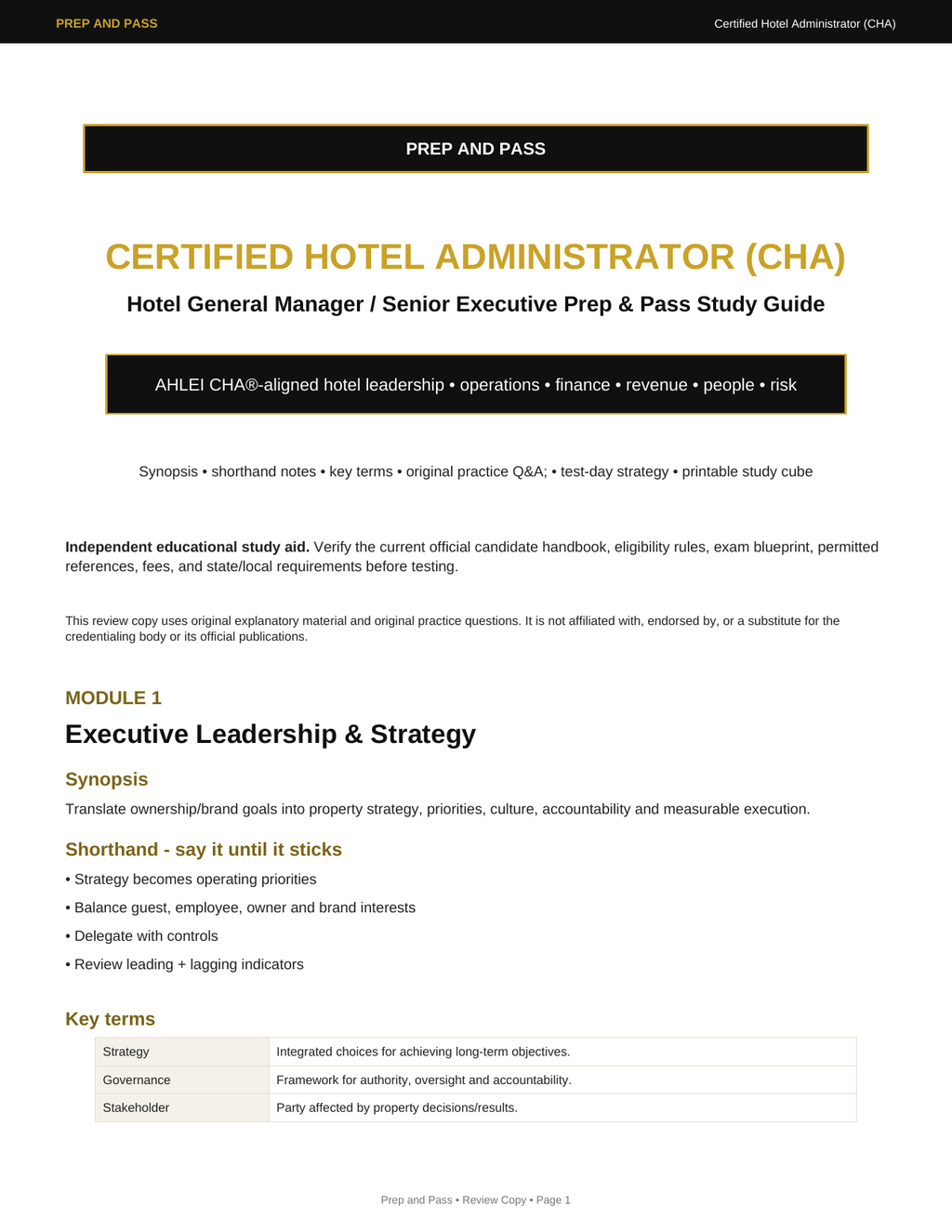 Certified Hotel Administrator Study Guide | CHA Exam Review PDF, Hotel Management | Instant Download