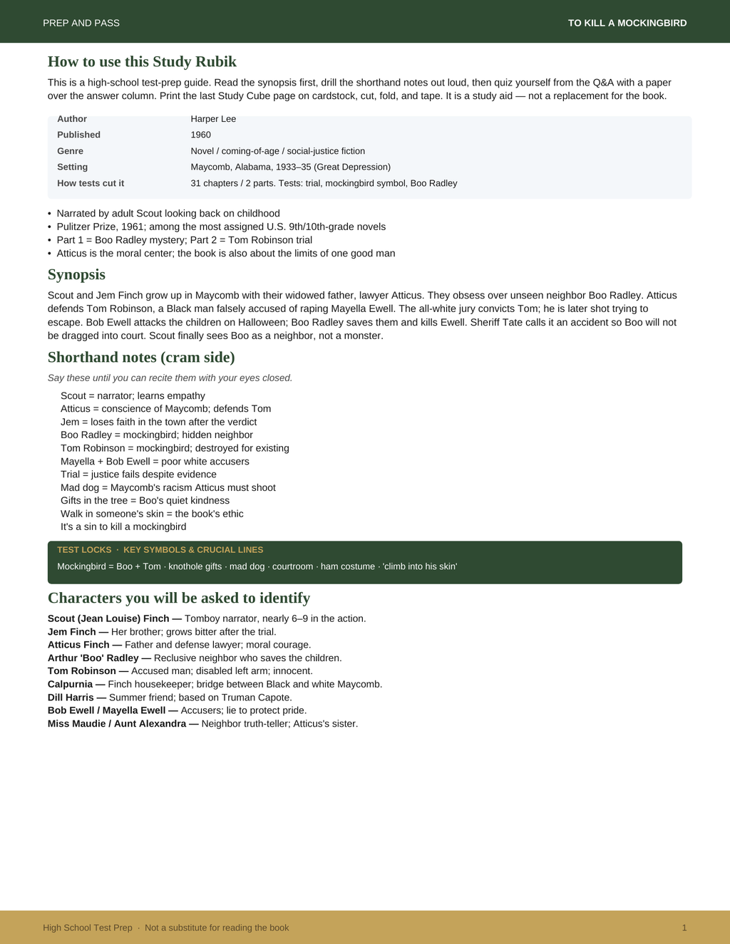To Kill a Mockingbird Study Guide | Harper Lee Test Prep PDF, Synopsis Characters Themes Q&A | Instant Download