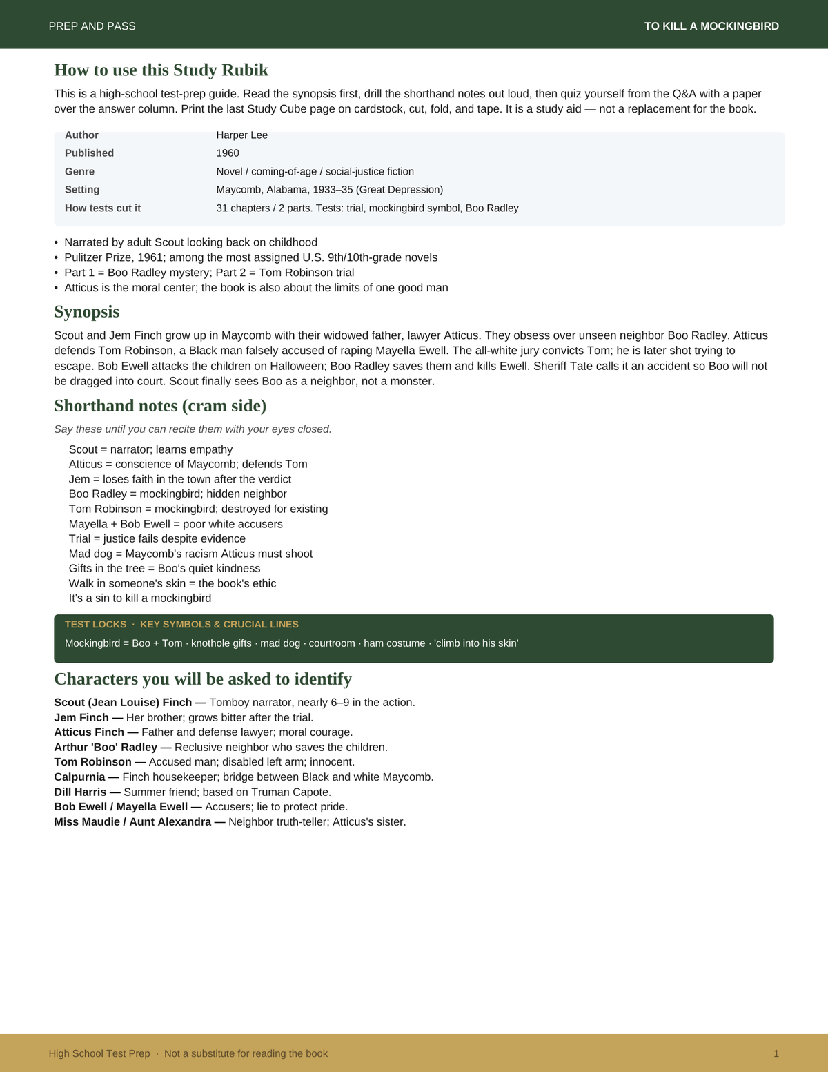 To Kill a Mockingbird Study Guide | Harper Lee Test Prep PDF, Synopsis Characters Themes Q&A | Instant Download
