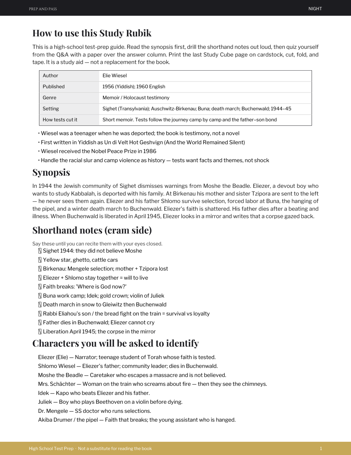 Night by Elie Wiesel Study Guide | Holocaust Memoir Test Prep PDF, Synopsis Characters Themes Q&A | Instant Download