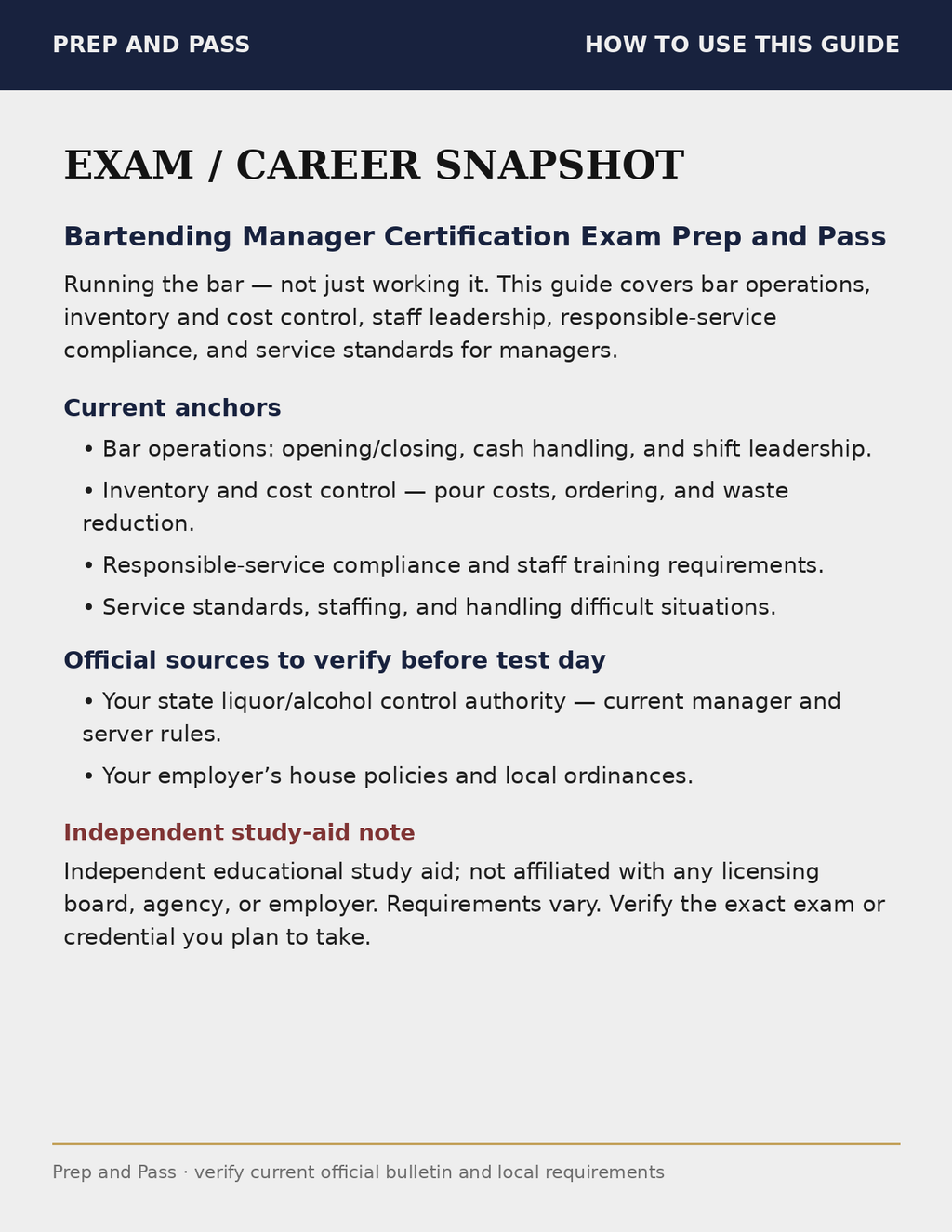 Bartending Manager Certification Study Guide | Bar Manager Exam Prep PDF, Operations & Compliance, Practice Questions | Instant Download