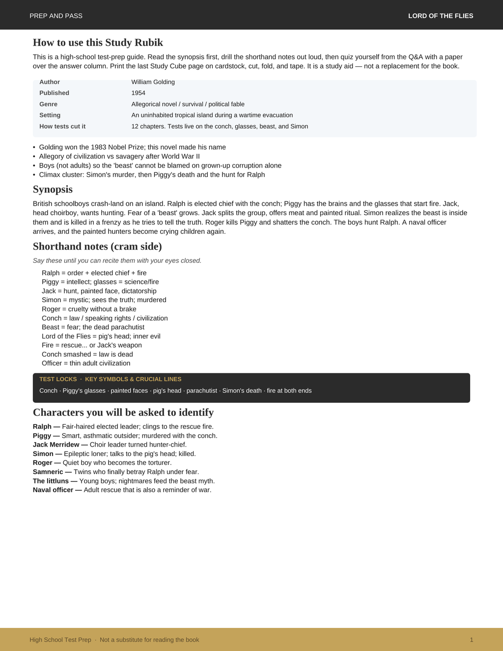 Lord of the Flies Study Guide | William Golding Test Prep PDF, Synopsis Characters Themes Q&A | Instant Download