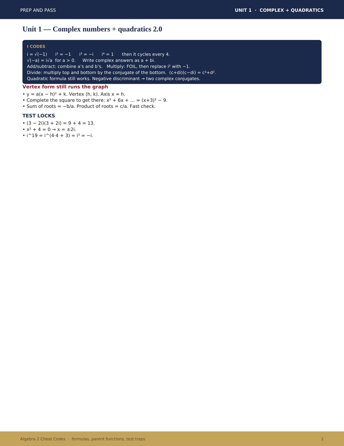 Algebra 2 Cheat Codes Study Guide | Formulas Parent Functions Logs Test Traps PDF | Instant Download