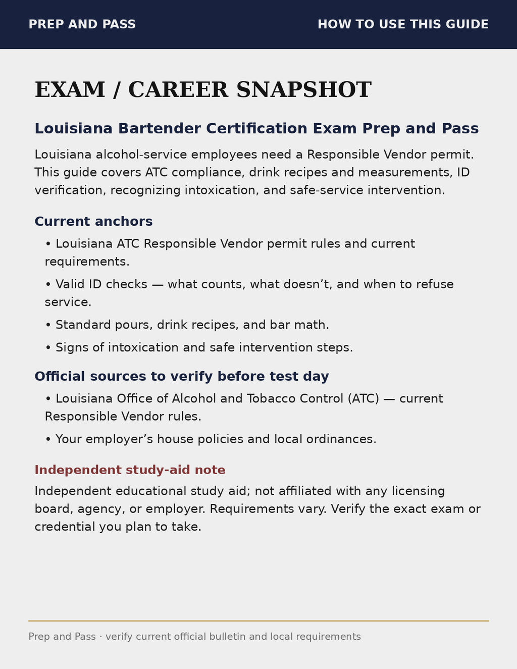 Louisiana Bartender Certification Study Guide | Bartending Exam Review PDF, Drink Recipes & Service | Instant Download