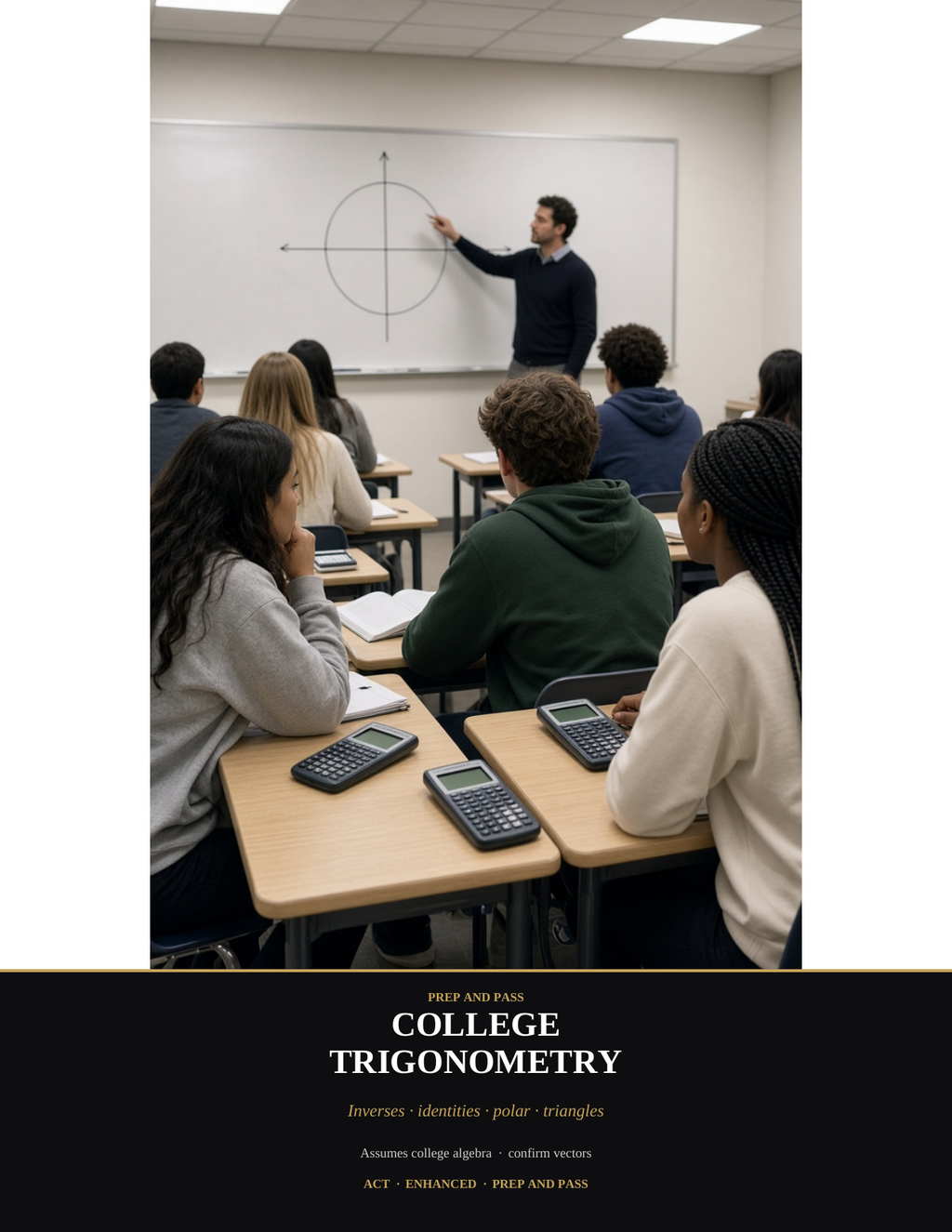 College Trigonometry Study Guide | Trig Test Prep PDF, Identities Triangles Polar Vectors Practice Questions | Instant Download