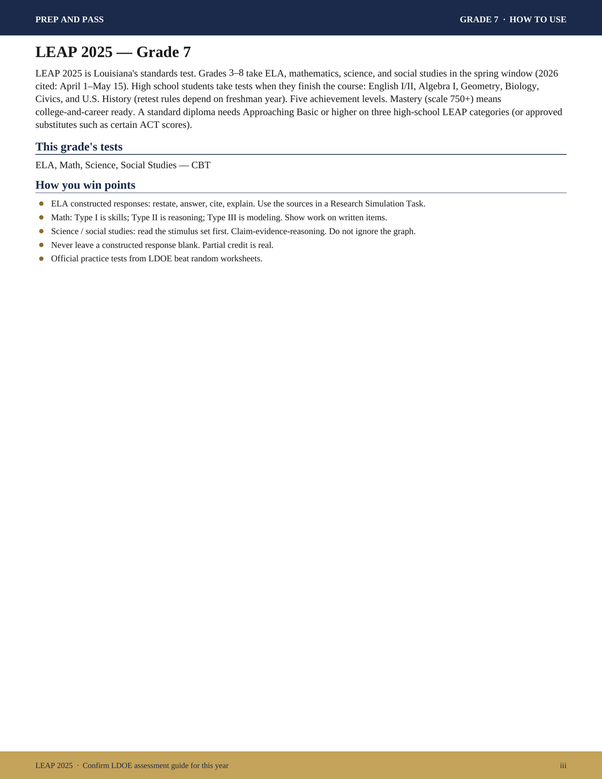 LEAP 2025 Grade 7 Study Guide | Louisiana ELA Math Science Social Studies Test Prep PDF | Instant Download