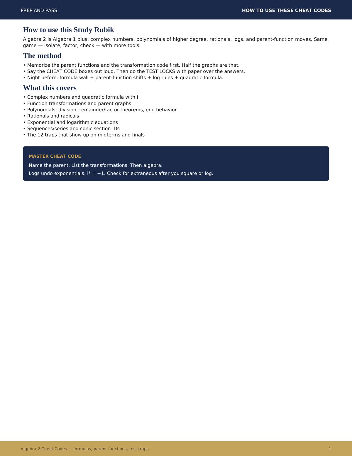 Algebra 2 Cheat Codes Study Guide | Formulas Parent Functions Logs Test Traps PDF | Instant Download
