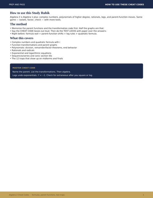 Algebra 2 Cheat Codes Study Guide | Formulas Parent Functions Logs Test Traps PDF | Instant Download
