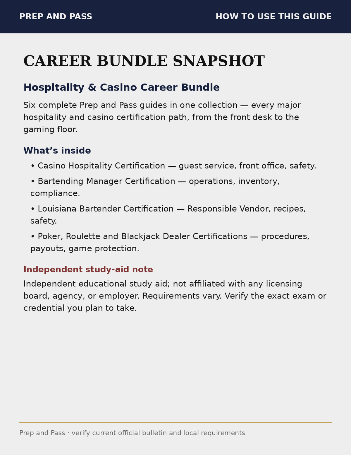 Hospitality & Casino Career Bundle | Bartending Casino Dealing Hotel Study Guides PDF | Instant Download