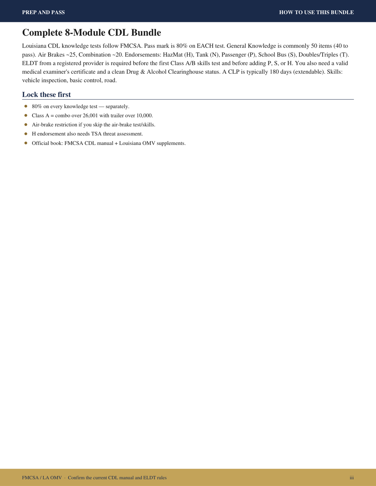 Louisiana CDL Study Guide | Commercial Driver License Class A B C Exam Review PDF | Instant Download
