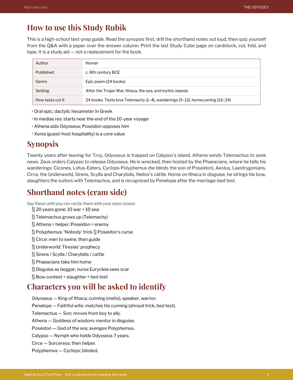 The Odyssey Study Guide | Homer Epic Poem Test Prep PDF, Synopsis Characters Themes Q&A | Instant Download