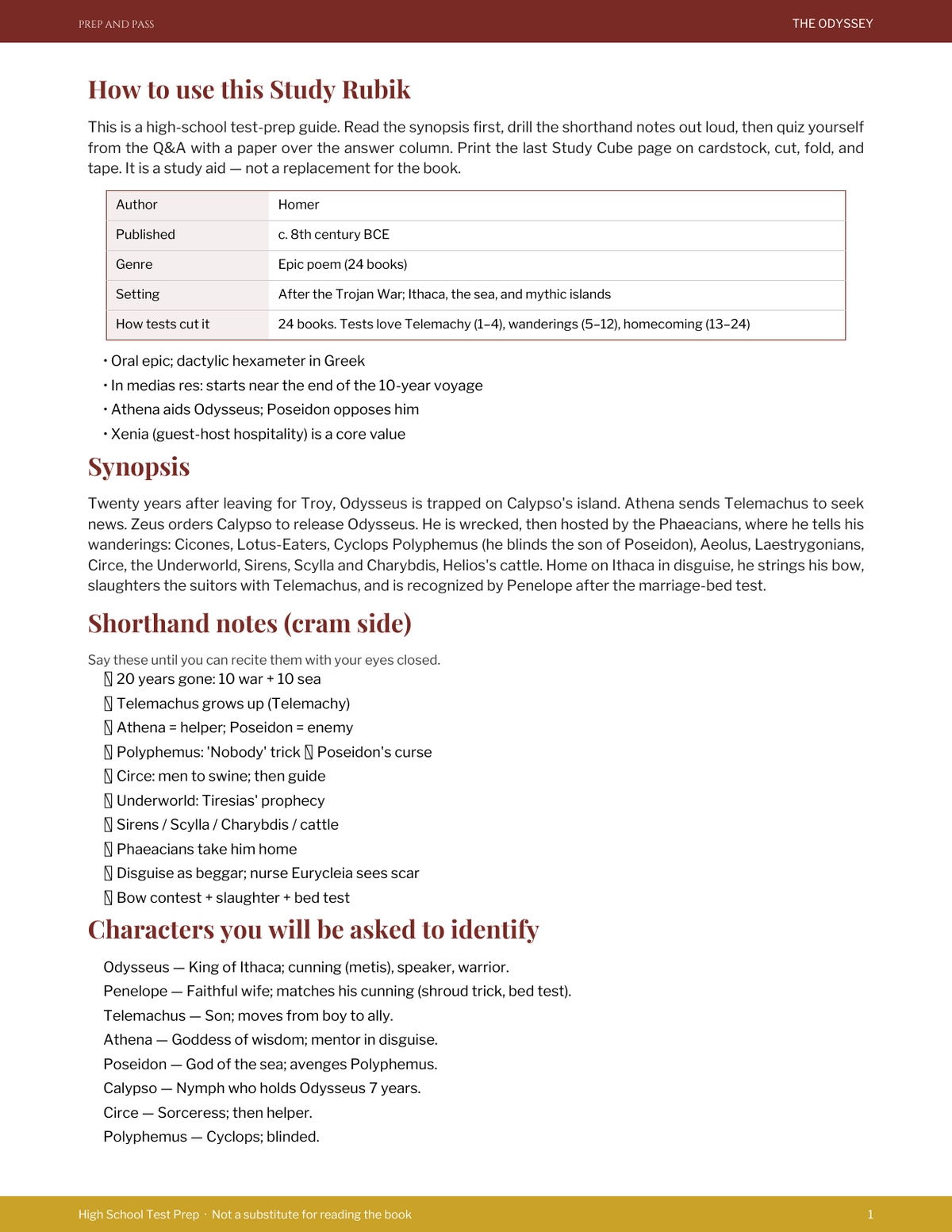 The Odyssey Study Guide | Homer Epic Poem Test Prep PDF, Synopsis Characters Themes Q&A | Instant Download