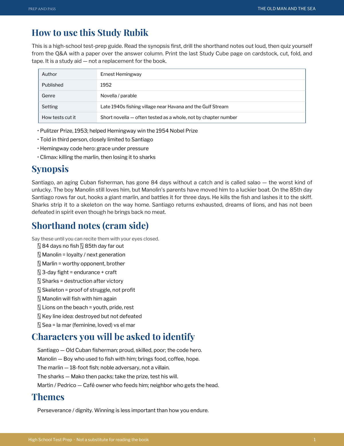 The Old Man and the Sea Study Guide | Ernest Hemingway Test Prep PDF, Synopsis Characters Themes Q&A | Instant Download