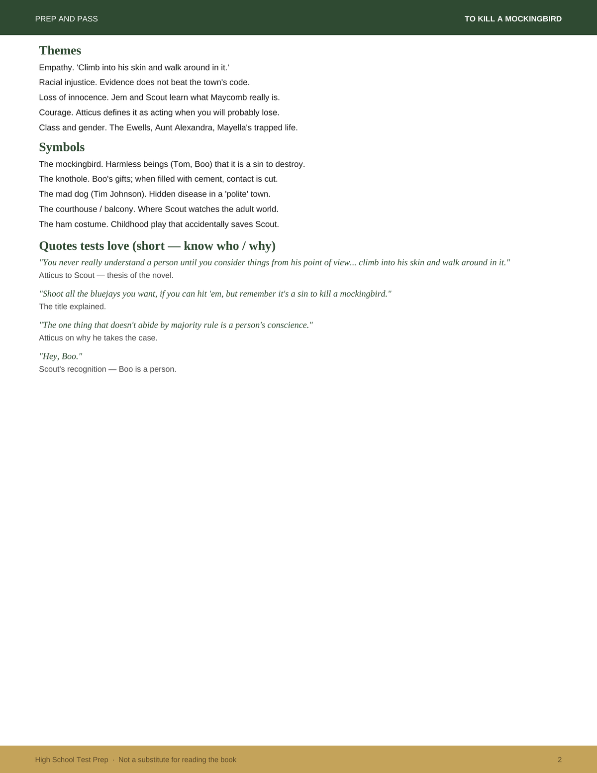To Kill a Mockingbird Study Guide | Harper Lee Test Prep PDF, Synopsis Characters Themes Q&A | Instant Download
