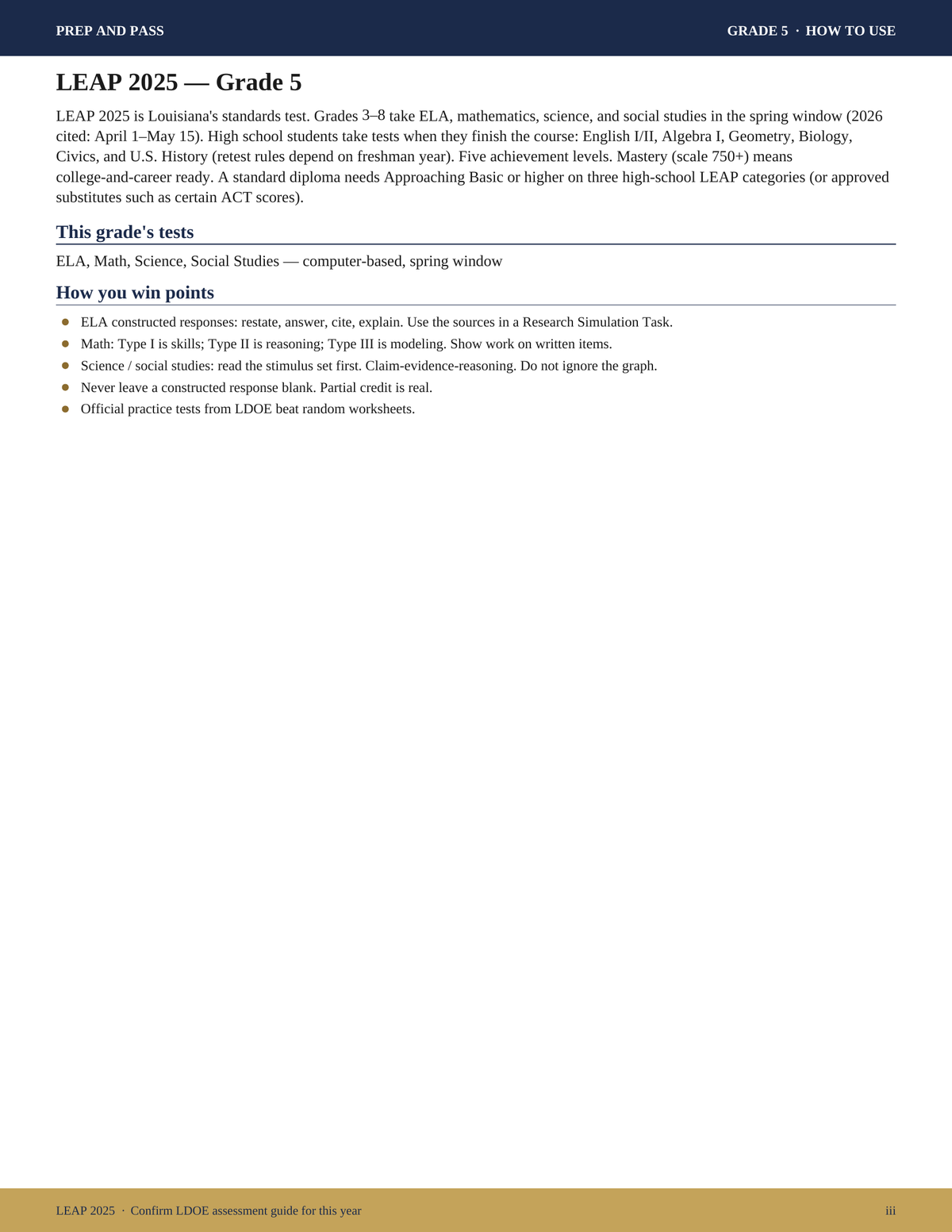 LEAP 2025 Grade 5 Study Guide | Louisiana ELA Math Science Social Studies Test Prep PDF | Instant Download
