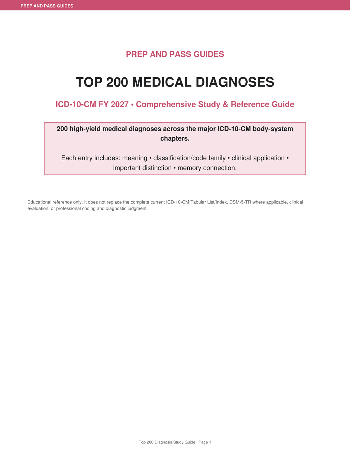 Top 200 Medical Diagnoses Study Guide | ICD-10-CM FY2027 Codes Review PDF | Instant Download